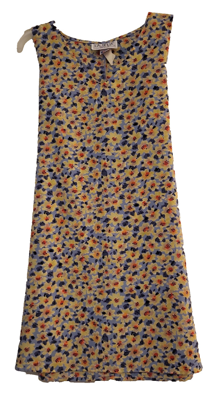 Vtg Y2K La Belle Slip Sleeveless Dress Blue Floral Self Tie Belt Size L Fairy